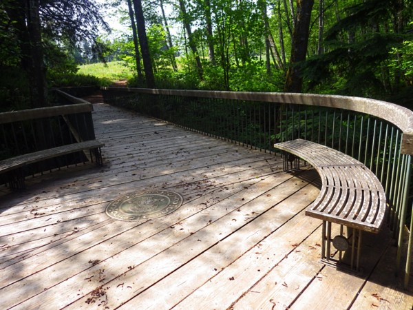 Trestle Bridge Bloedel Reserve -- The curved benches give guests a place to rest and listen to the small stream below.